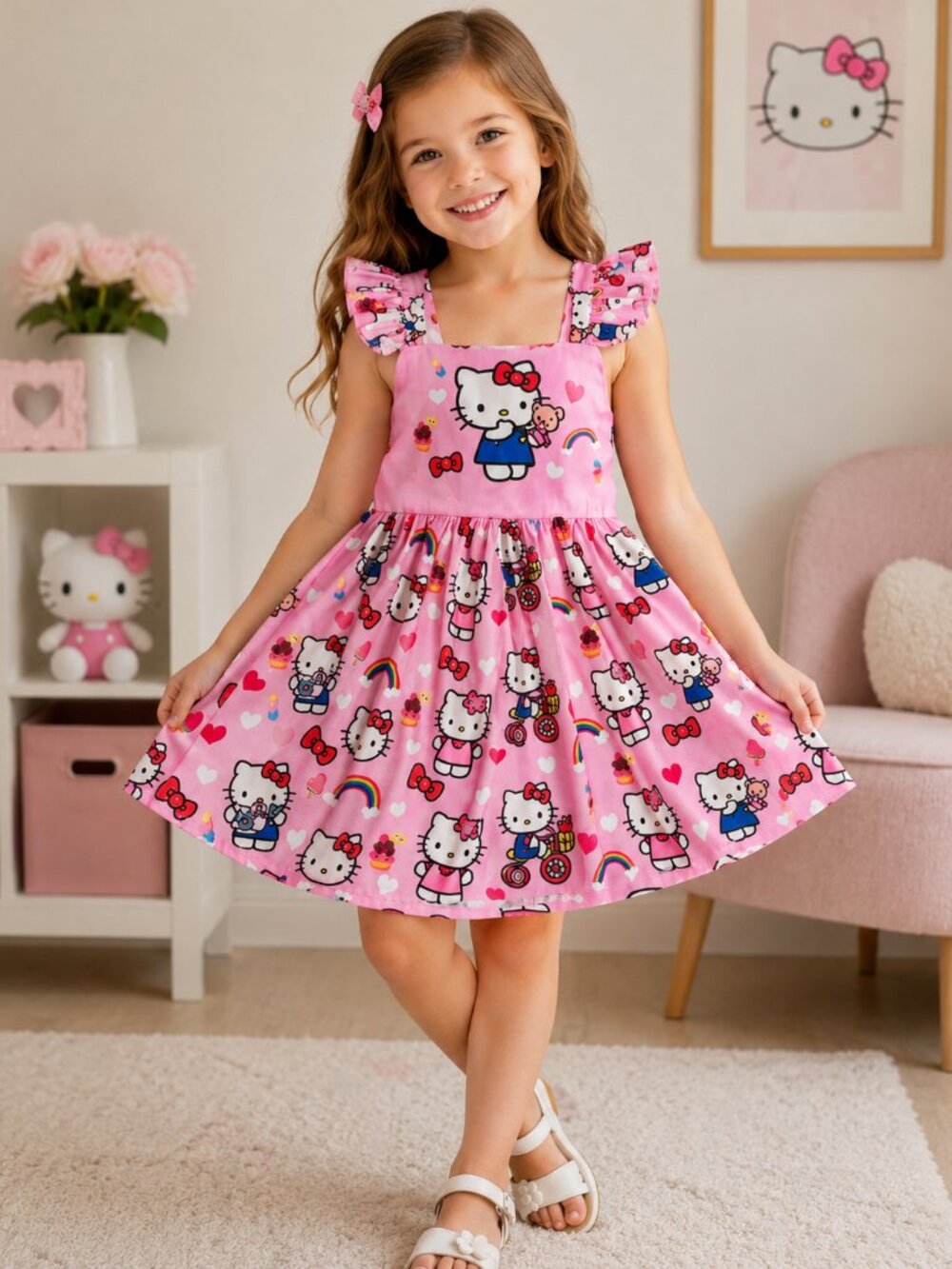 Pink Hello Kitty Inspired Boutique Twirl Dress Girls Size 120 6-7Y